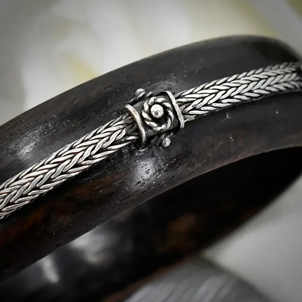 Vintage Sterling Silver Ebony Wood Bangle Bracelet Size 8 Slip On